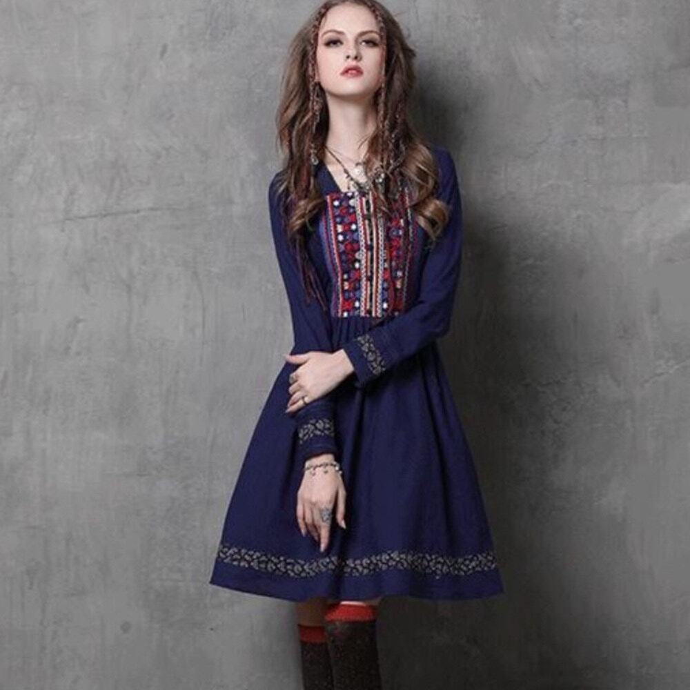 Keer Qiaowa Dress Floral Embroidery Pleats Boho Cottagecore Bavarian Blue Size L